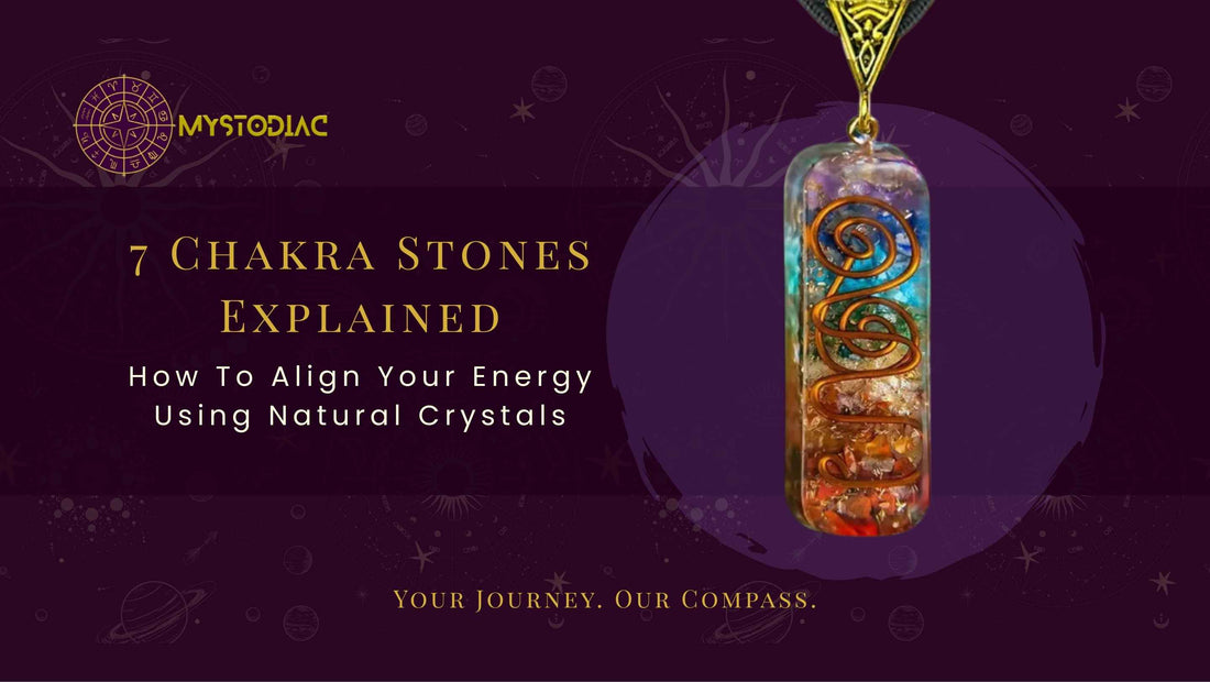 Colorful chakra stones aligned in order of the seven chakras used for energy healing, meditation, and spiritual balance