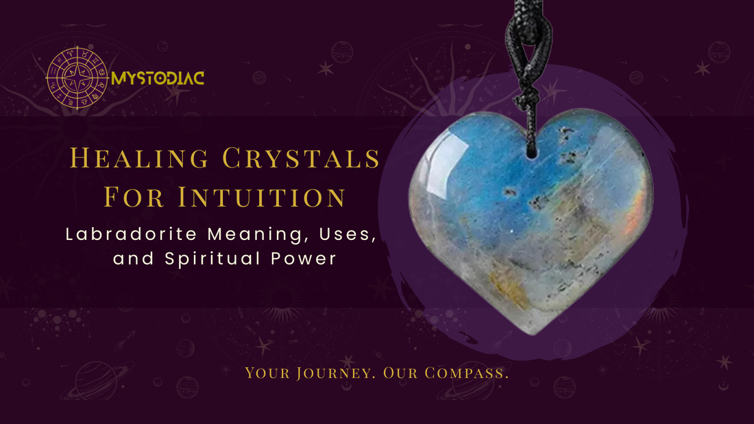 Polished labradorite stone with shimmering blue flashes, often used in crystal healing to enhance intuition and spiritual awareness