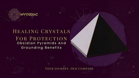 Healing crystals for protection with a black obsidian pyramid used for grounding and calming energy