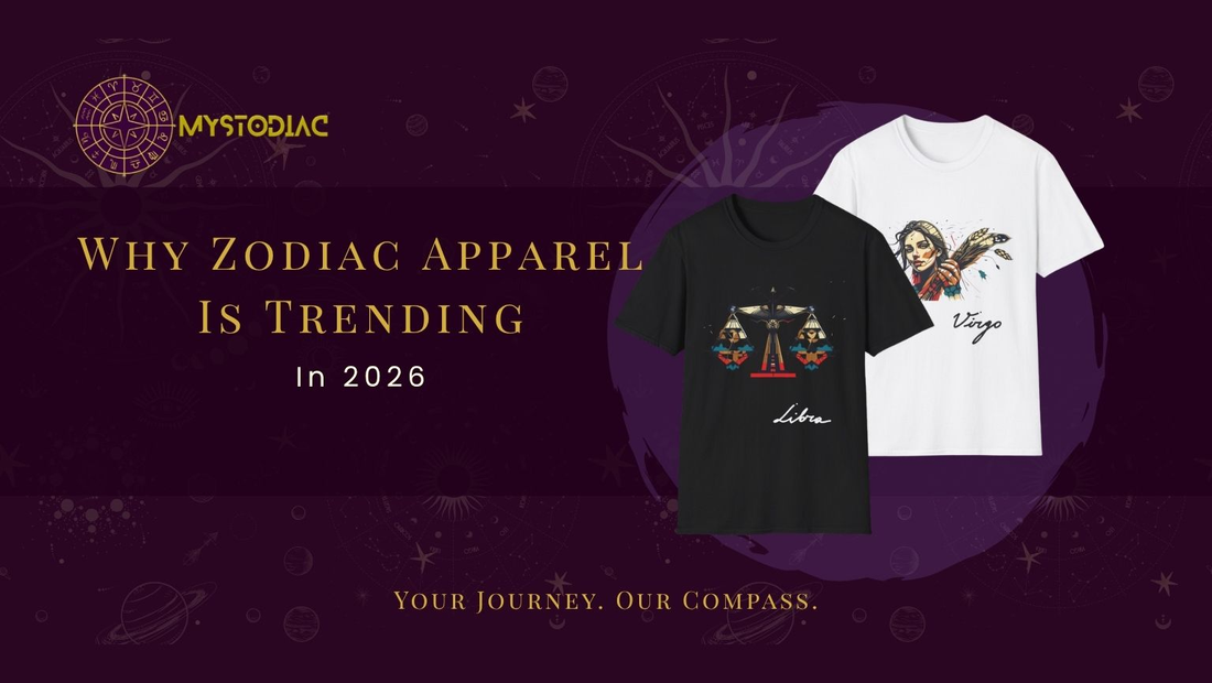 Zodiac fashion trends in 2026 featuring celestial symbols, astrology graphics, and stylish apparel