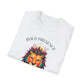 White folded unisex cotton t-shirt featuring bold "Bold Presence" graphic: vibrant abstract lion head portrait with intense expression, colorful geometric accents, and dynamic paint splatters in red, orange, teal, blue, and gold tones bursting outward around an orange moon background. Arched white text "BOLD PRESENCE" above and smaller inspirational quote "Even when challenges arise, your heart leads with confidence" below. Motivational spiritual empowerment crewneck tee.