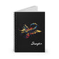 Notebook with a colorful abstract Scorpio scorpion illustration, raised stinger, intricate tail and pincers, geometric patterns, and paint splatters on a black background, featuring the word "Scorpio".