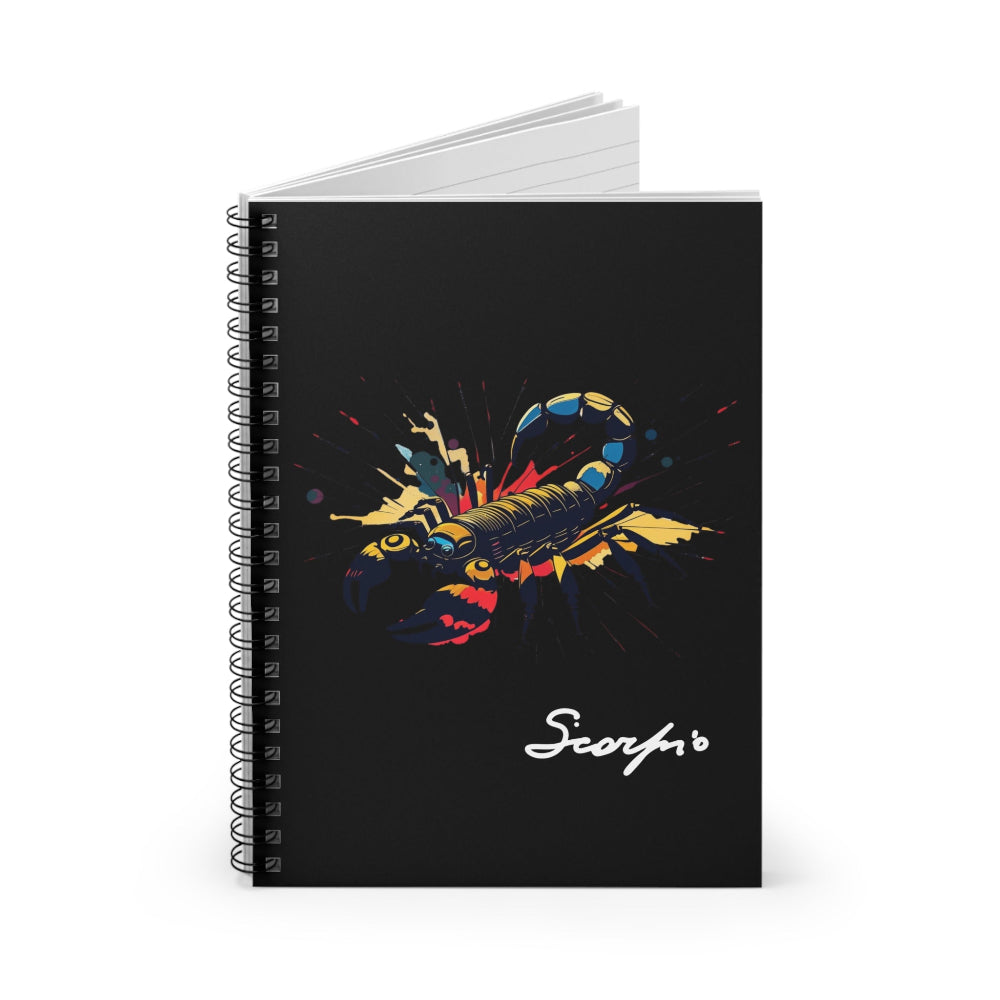 Notebook with a colorful abstract Scorpio scorpion illustration, raised stinger, intricate tail and pincers, geometric patterns, and paint splatters on a black background, featuring the word "Scorpio".
