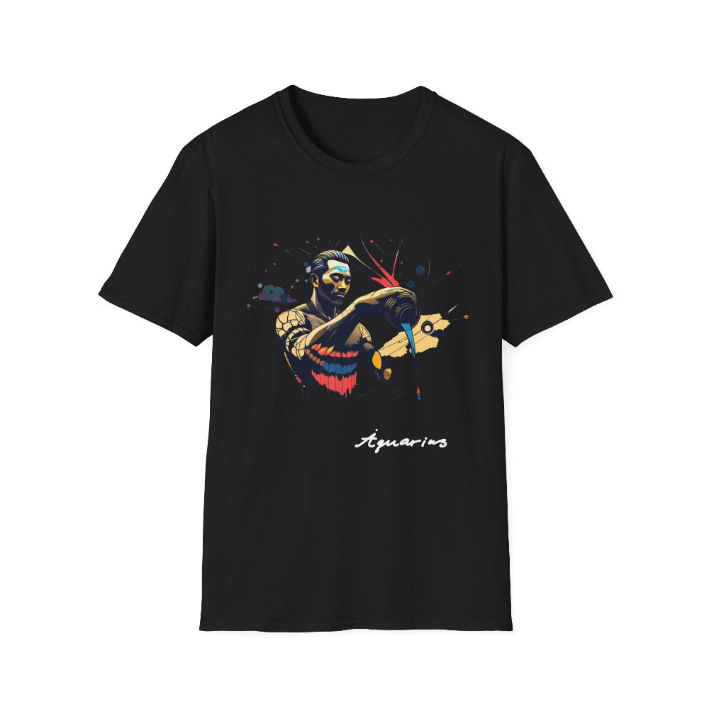 Black unisex cotton t-shirt featuring vibrant Aquarius zodiac graphic: stylized water bearer pouring colorful abstract splashes in red, blue, yellow, and teal with dynamic paint effects. White cursive "Aquarius" text below. Astrology horoscope motivational crewneck tee.