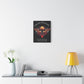 Black canvas wall art print featuring colorful abstract moth with detailed wings, intense expression, geometric accents, and cosmic splatters on dark background. Arched white text "FOLLOW YOUR LIGHT" above and quote "Even when others can't see where you're going, see with your own eyes" below. Modern motivational zodiac decor hung on white wall above console table with books and yellow lamp.
