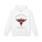 White hoodie with 'Remember The Bond' inspirational bird graphic and quote 'Even when forms change, The love remains alive' printed on the chest.