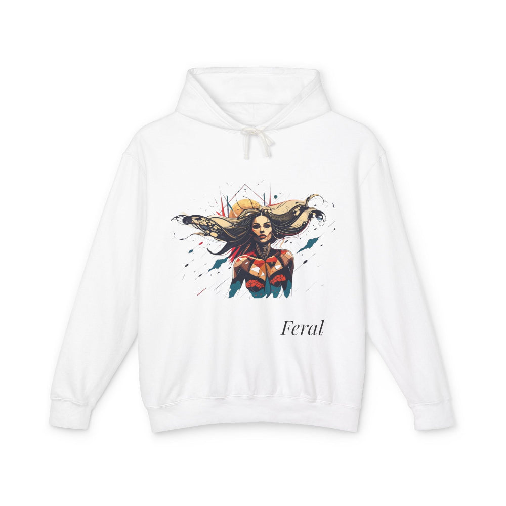 White hoodie with vibrant artistic print of a fierce woman with long flowing hair, red-orange armored top, colorful paint splash background, geometric sun elements, "Feral" text below
