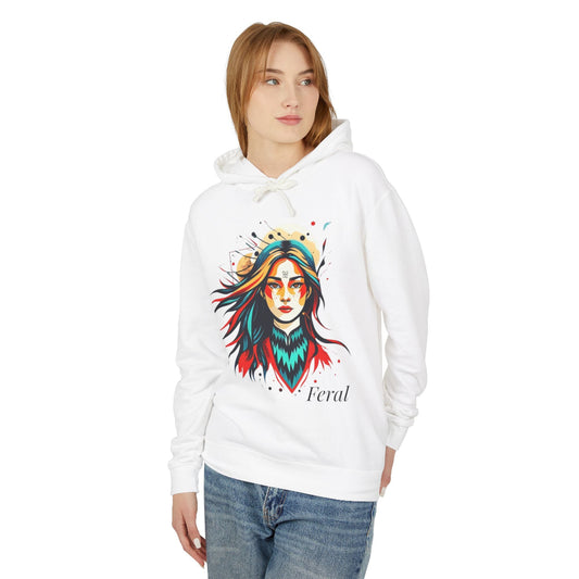 Young woman modeling White hoodie with vibrant artistic portrait of a fierce woman with long multicolored flowing hair, teal and red face paint, colorful splash design, third-eye motif, "Feral" text below