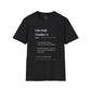 Black unisex cotton t-shirt flat lay featuring bold Life Path Number 6 numerology print: dictionary-style definition text reading "Life Path Number 6 noun · The vibration of love, service, and responsibility. · Nurturer energy — here to heal, protect, and beautify the world. – see also: care, harmony, home". Motivational spiritual numerology crewneck tee with visible purple/gold zodiac wheel inner tag.