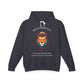 Dark gray hoodie with vibrant multicolored lion head graphic, mane in orange teal blue splashes, full sun/moon above, "BOLD PRESENCE" arched text, motivational quote "Even when challenges arise, your heart leads with confidence" below