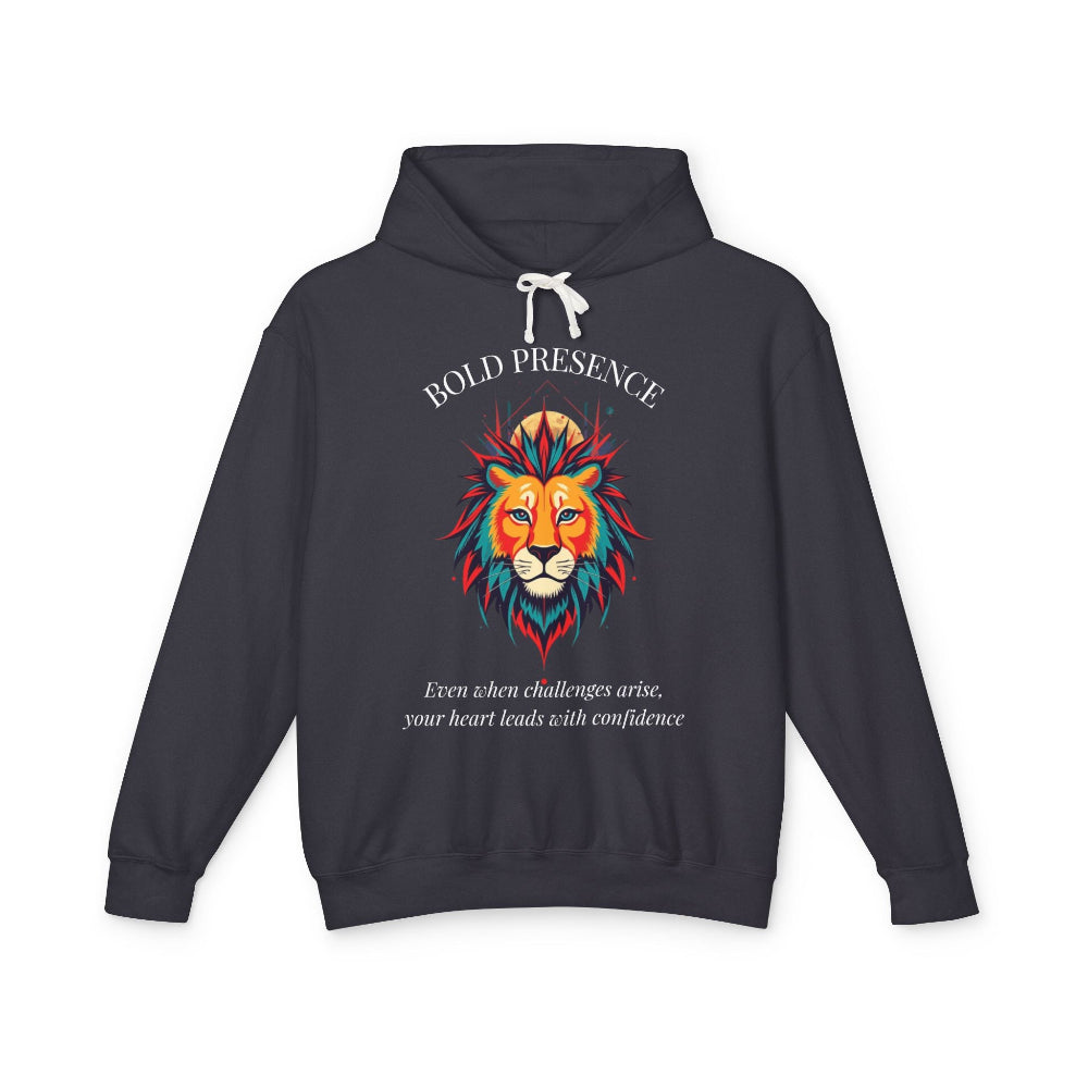 Dark gray hoodie with vibrant multicolored lion head graphic, mane in orange teal blue splashes, full sun/moon above, "BOLD PRESENCE" arched text, motivational quote "Even when challenges arise, your heart leads with confidence" below