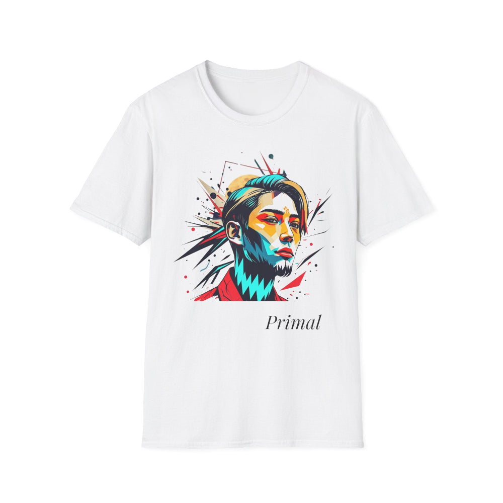 White unisex cotton t-shirt featuring bold Primal graphic print: stylized intense man portrait with styled hair, vibrant multicolored geometric face in teal, orange, red, and yellow tones, dynamic paint splatters and abstract shards exploding outward. Elegant black cursive "Primal" text below. Primal masculine energy motivational crewneck tee