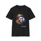 Black unisex cotton t-shirt featuring bold Primal graphic print: stylized intense clean-shaven man portrait with short slicked-back hair, vibrant multicolored geometric face in orange, teal, red, yellow and blue tones, dynamic paint splatters and abstract shards exploding outward, moon accent detail. Elegant white cursive "Primal" text below. Primal masculine energy motivational crewneck tee.