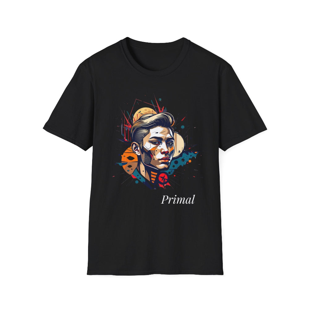 Black unisex cotton t-shirt featuring bold Primal graphic print: stylized intense clean-shaven man portrait with short slicked-back hair, vibrant multicolored geometric face in orange, teal, red, yellow and blue tones, dynamic paint splatters and abstract shards exploding outward, moon accent detail. Elegant white cursive "Primal" text below. Primal masculine energy motivational crewneck tee.