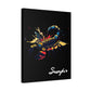 Black canvas wall art print of colorful abstract Scorpio scorpion with raised stinger, intense eyes, intricate tail and pincers, geometric patterns, and cosmic splatters on dark background, featuring "Scorpio" in elegant white cursive.