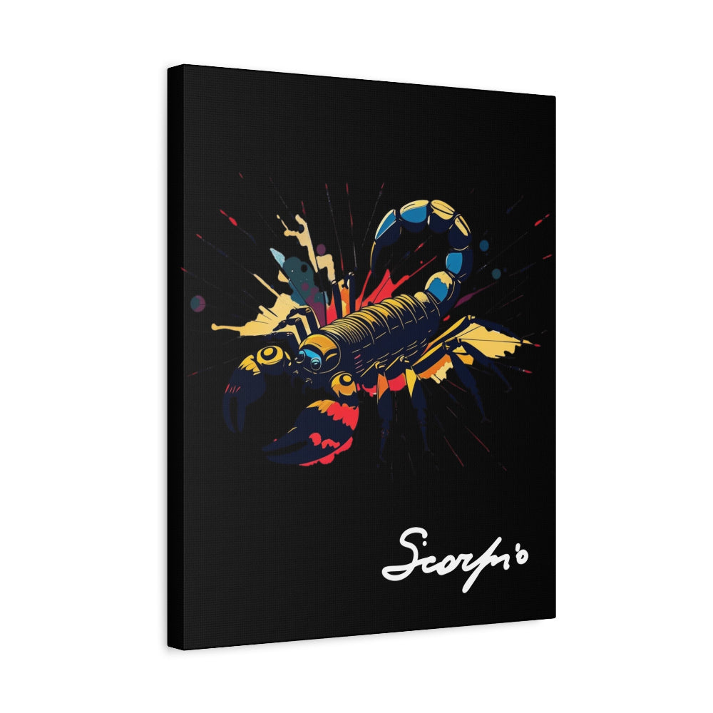 Black canvas wall art print of colorful abstract Scorpio scorpion with raised stinger, intense eyes, intricate tail and pincers, geometric patterns, and cosmic splatters on dark background, featuring "Scorpio" in elegant white cursive.