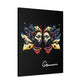 Black canvas wall art print of colorful abstract Gemini twin faces with butterfly wings, cosmic accents, and paint splatters on dark background, featuring "Gemini" in elegant white cursive.