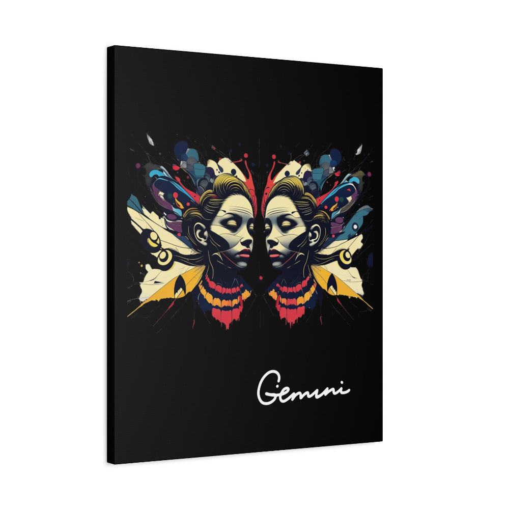 Black canvas wall art print of colorful abstract Gemini twin faces with butterfly wings, cosmic accents, and paint splatters on dark background, featuring "Gemini" in elegant white cursive.