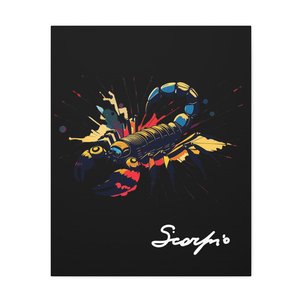 Close up of black canvas wall art print of colorful abstract Scorpio scorpion with raised stinger, intense eyes, intricate tail and pincers, geometric patterns, and cosmic splatters on dark background, featuring "Scorpio" in elegant white cursive.
