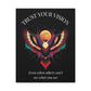 Close up of black canvas wall art print featuring colorful abstract phoenix with spread wings and intense expression on dark background, arched white text "TRUST YOUR VISION" above and quote "Even when others can't see what you see" below.