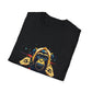 Black folded unisex cotton t-shirt featuring bold Year of the Monkey zodiac graphic print: vibrant abstract monkey face portrait with intense glowing blue eyes, detailed fur texture, playful fierce expression, geometric accents, and dynamic multicolored paint splatters in gold, red, blue, teal, orange, and black tones exploding outward. Chinese text "猴年" (Year of the Monkey) printed below in white. Chinese New Year zodiac motivational crewneck tee.
