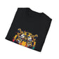 Black folded unisex cotton t-shirt featuring bold Year of the Tiger graphic print: vibrant abstract tiger face portrait with fierce intense eyes, detailed stripes, large ears, and dynamic multicolored paint splatters in yellow, orange, red, blue, black, and teal tones exploding outward. Chinese text "虎年" (Year of the Tiger) printed below in white. Zodiac Chinese New Year motivational crewneck tee.