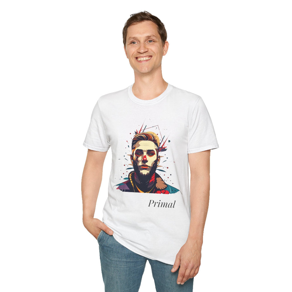 White unisex cotton t-shirt modeled by smiling man with hand in pocket, featuring bold "Primal" graphic: stylized intense bearded man portrait with vibrant red, yellow, blue, teal paint splatters bursting outward. Elegant black "Primal" text below. Primal masculine energy motivational crewneck tee.
