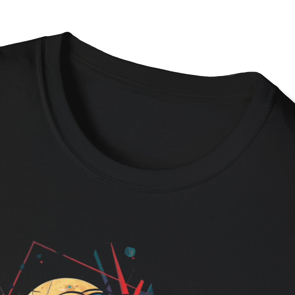 Close-up view of black unisex cotton crewneck t-shirt collar: soft ribbed neckline with clean stitching and comfortable fit. Premium quality durable crew neck construction detail on black graphic tee.