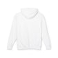 Back view of a plain white hoodie laid flat, showing the hood, long sleeves, ribbed cuffs, and hem. Blank back design perfect for customization. Classic unisex pullover hoodie.