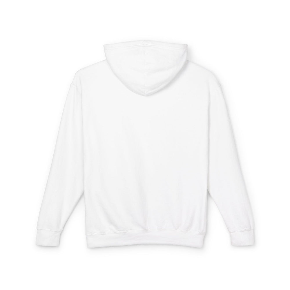 Back view of a plain white hoodie laid flat, showing the hood, long sleeves, ribbed cuffs, and hem. Blank back design perfect for customization. Classic unisex pullover hoodie.