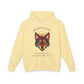 Pale yellow "Shadow Guide" graphic hoodie featuring fierce wolf portrait in colorful splash-art style, moon element, inspirational text about intuition guiding through fear
