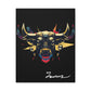 Close up of black canvas wall art print of colorful abstract Taurus bull head with large curved horns, intense expression, geometric patterns, and cosmic splatters on dark background, featuring "Taurus" in elegant white cursive.