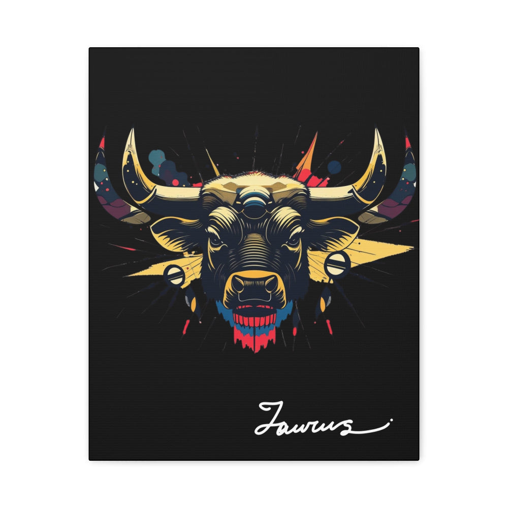 Close up of black canvas wall art print of colorful abstract Taurus bull head with large curved horns, intense expression, geometric patterns, and cosmic splatters on dark background, featuring "Taurus" in elegant white cursive.
