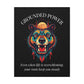 Close up of black canvas wall art print of colorful abstract bear head with intense expression, flowing mane, geometric accents, and cosmic splatters on dark background. Arched white text "GROUNDED POWER" above and quote "Even when life is overwhelming, your roots keep you steady" below. 