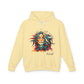 Yellow hoodie with a colorful lion graphic and 'Feral' text on a white background