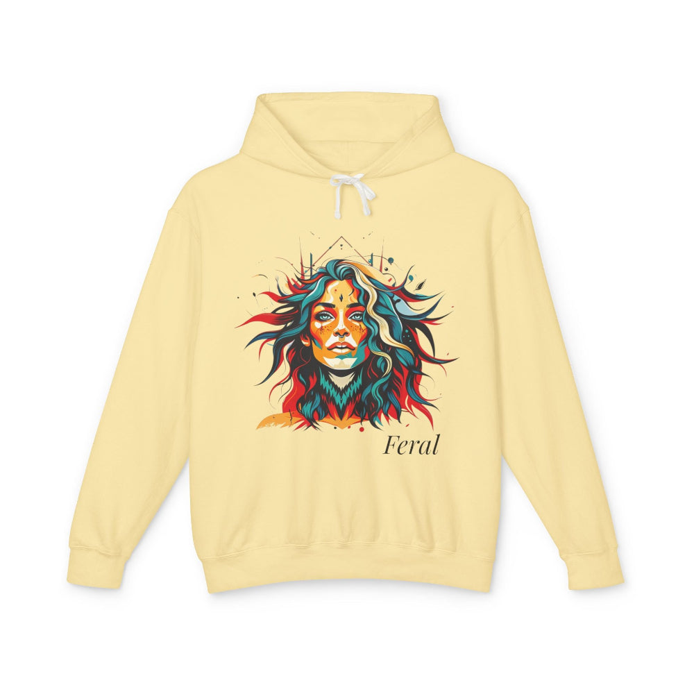 Yellow hoodie with a colorful lion graphic and 'Feral' text on a white background