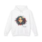 White hoodie with a colorful graphic of a woman's face and the word 'Feral' on a white background