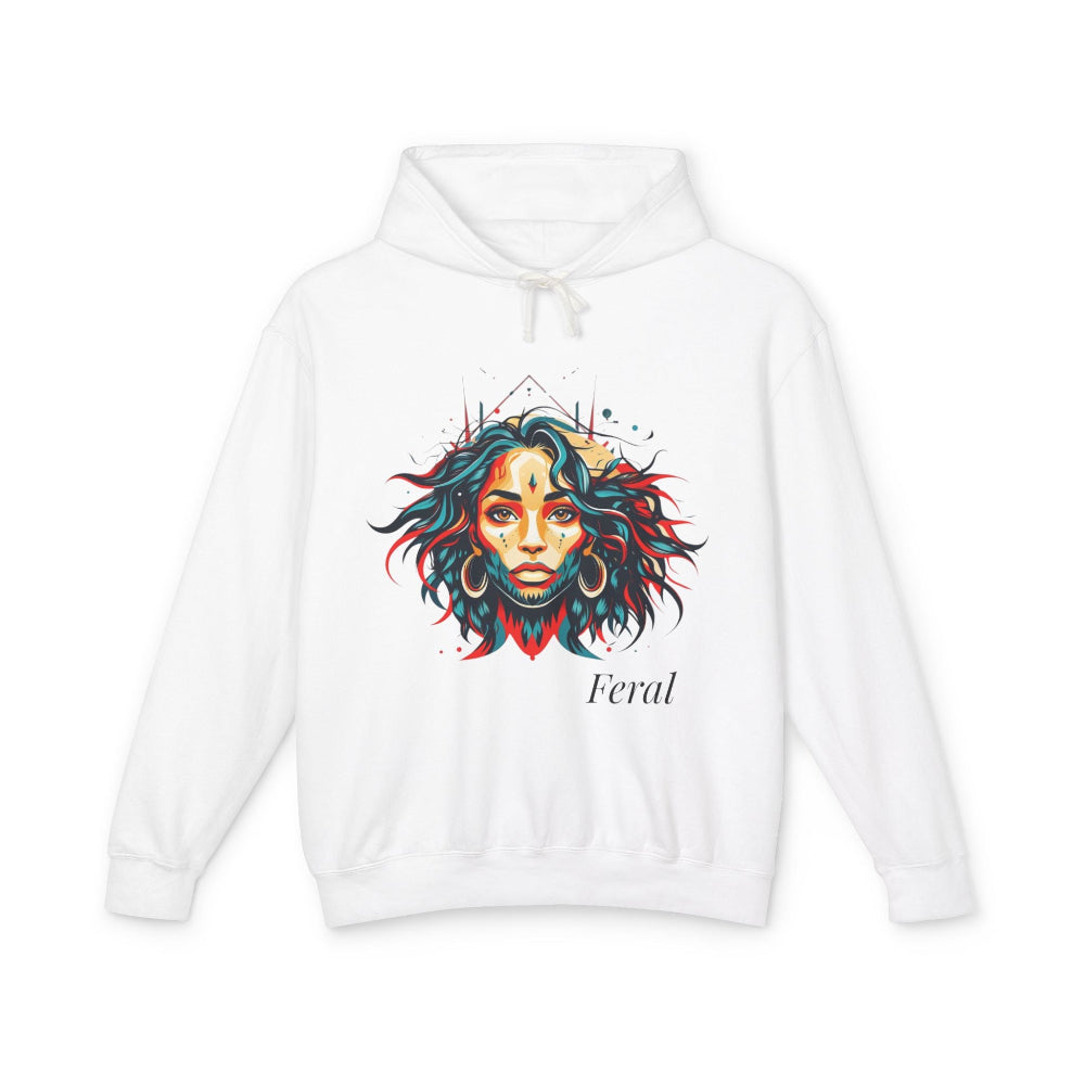 White hoodie with a colorful graphic of a woman's face and the word 'Feral' on a white background