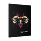 Black canvas wall art print of colorful abstract Capricorn goat head with large curved horns, intense eyes, geometric patterns, and cosmic splatters on dark background, featuring "Capricorn" in elegant white cursive.