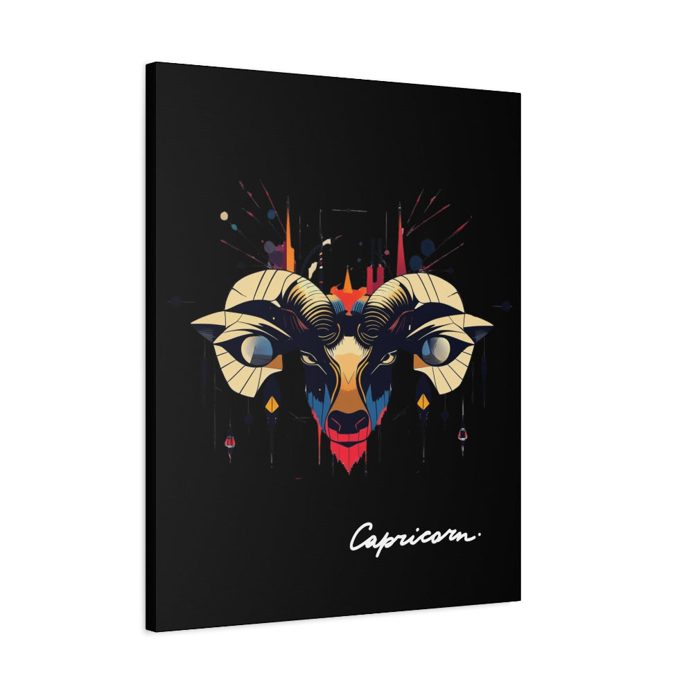 Black canvas wall art print of colorful abstract Capricorn goat head with large curved horns, intense eyes, geometric patterns, and cosmic splatters on dark background, featuring "Capricorn" in elegant white cursive.