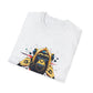 White folded unisex cotton t-shirt featuring bold Year of the Monkey zodiac graphic print: vibrant abstract monkey face portrait with intense glowing eyes, detailed fur texture, playful fierce expression, geometric accents, and dynamic multicolored paint splatters in gold, red, blue, teal, orange, and black tones exploding outward. Chinese text "猴年" (Year of the Monkey) printed below in black. Chinese New Year zodiac motivational crewneck tee.