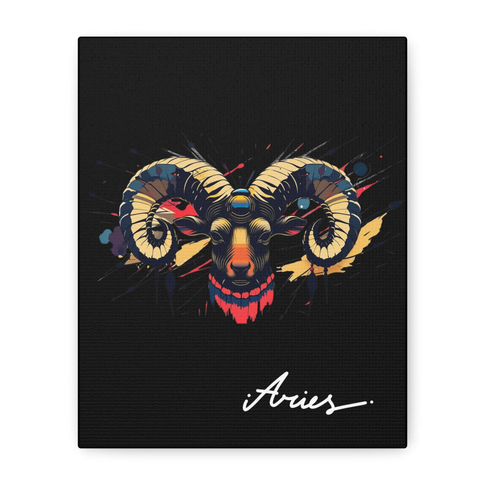 Close up of black canvas wall art print of colorful abstract Aries ram head with curved horns, intense eyes, geometric patterns, and cosmic splatters on dark background, featuring "Aries" in elegant white cursive.