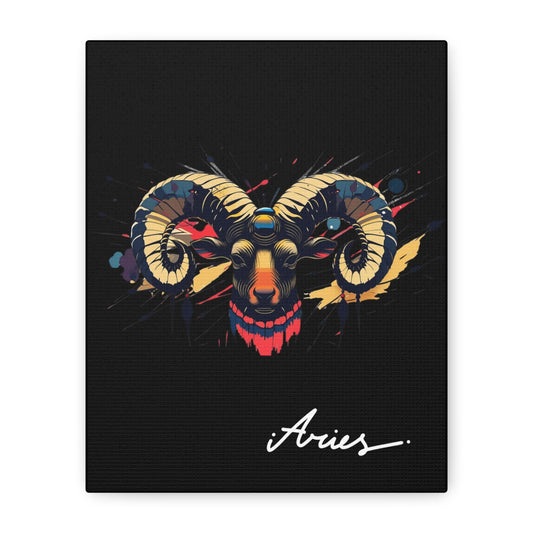 Close up of black canvas wall art print of colorful abstract Aries ram head with curved horns, intense eyes, geometric patterns, and cosmic splatters on dark background, featuring "Aries" in elegant white cursive.