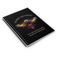 Notebook with a colorful abstract sacred bee design, geometric accents, and paint splatters on a black background, featuring the words "SACRED ALIGNMENT" and quote "Even when progress is quiet, the harvest is still forming".