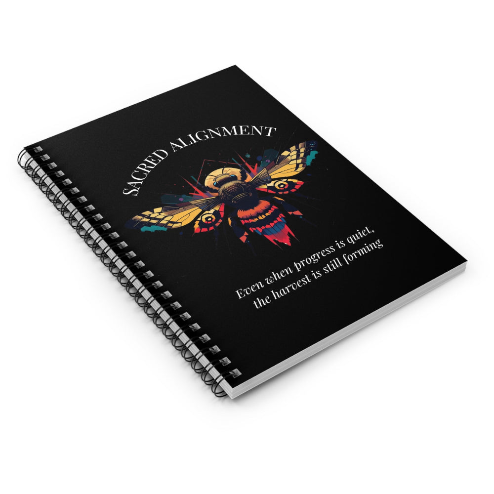 Notebook with a colorful abstract sacred bee design, geometric accents, and paint splatters on a black background, featuring the words "SACRED ALIGNMENT" and quote "Even when progress is quiet, the harvest is still forming".