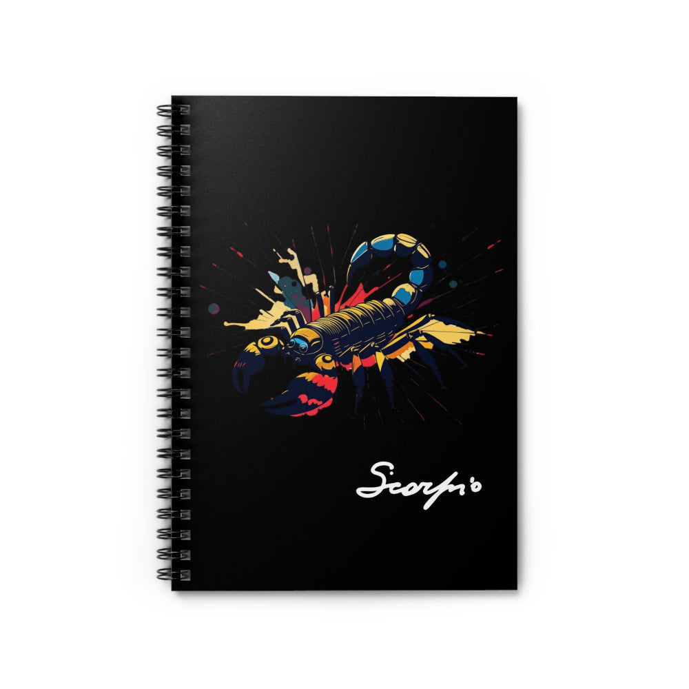 Notebook with a colorful abstract Scorpio scorpion illustration, raised stinger, intricate tail and pincers, geometric patterns, and paint splatters on a black background, featuring the word "Scorpio".