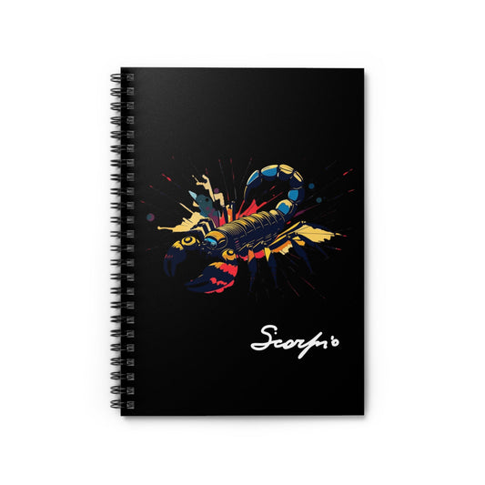 Notebook with a colorful abstract Scorpio scorpion illustration, raised stinger, intricate tail and pincers, geometric patterns, and paint splatters on a black background, featuring the word "Scorpio".