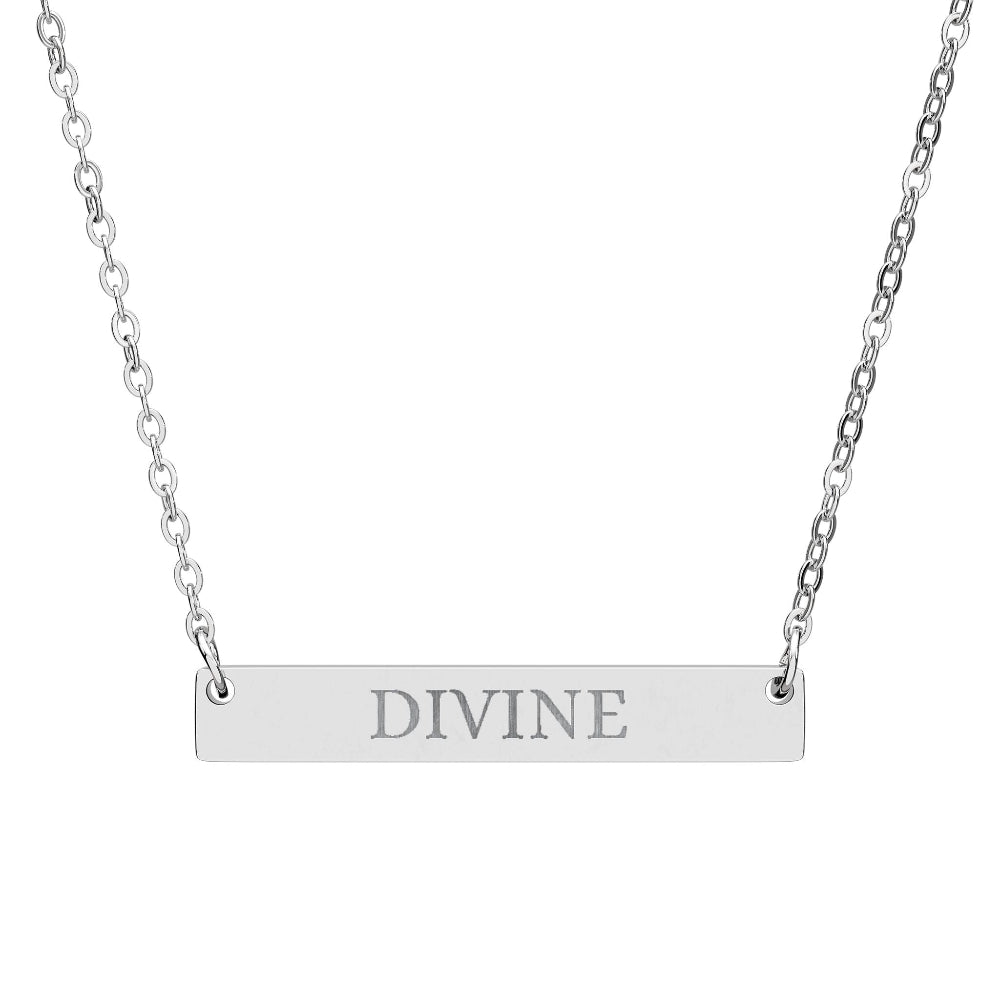 Silver bar necklace with engraved uppercase text "DIVINE" on a sleek matte silver pendant, suspended on a delicate matching silver chain. Minimalist spiritual affirmation jewelry for empowerment and divine connection.