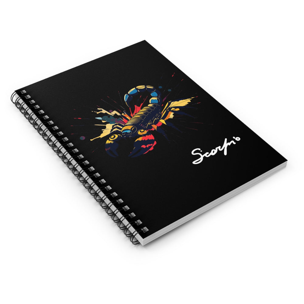 Notebook with a colorful abstract Scorpio scorpion illustration, raised stinger, intricate tail and pincers, geometric patterns, and paint splatters on a black background, featuring the word "Scorpio".