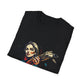 Black folded unisex cotton t-shirt featuring bold Virgo zodiac graphic print: vibrant abstract female figure holding wheat sheaf, serene expression, flowing hair, intricate geometric details, and dynamic multicolored paint splatters in gold, red, navy, teal, and black tones bursting outward. Elegant black cursive "Virgo" text below. Astrology zodiac motivational crewneck tee.